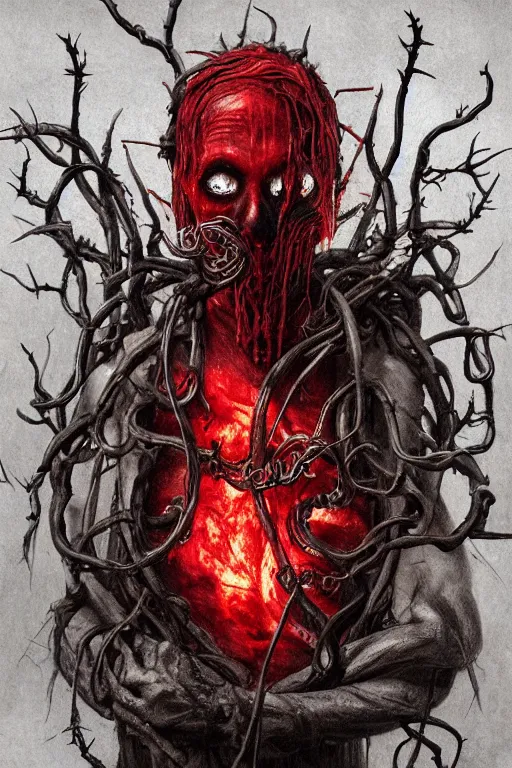 Image similar to realistic portrait beautiful detailed matte painting of cinematic movie scene a full body zombie with a gas mask, tentacles, black and red, thorns, vines, horror, created by gustave dore and greg rutkowski, high detailed, smooth draw, synthwave neon retro, intricate, realistic proportions, dramatic lighting, trending on artstation.