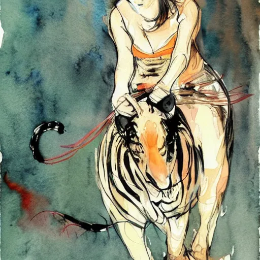 Prompt: girl riding a tiger, art, minimalistic painting, watercolor on paper, high quality, by Berthe Morisot, by Conrad Roset, trending on artstation