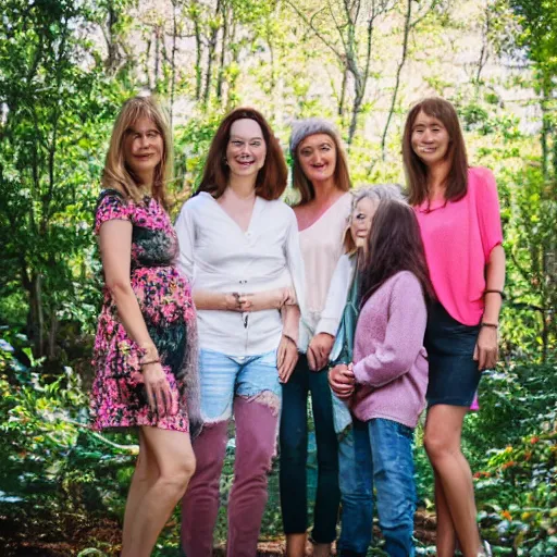 Prompt: middle aged female influencer family photo outdoors