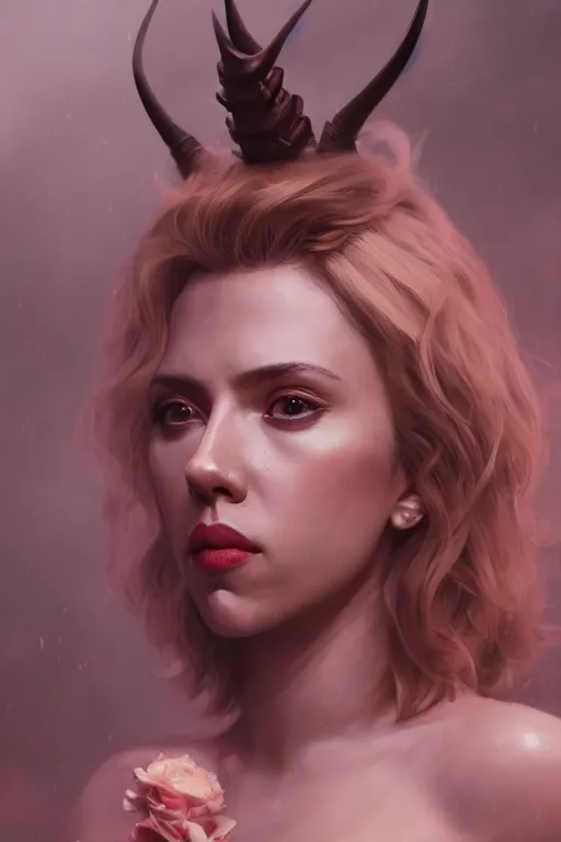 Image similar to a fancy portrait of a Scarlett Johansson with horns by Greg Rutkowski, Sung Choi, Mitchell Mohrhauser, Maciej Kuciara, Johnson Ting, Maxim Verehin, Peter Konig, final fantasy , mythical, 8k photorealistic, cinematic lighting, HD, high details, atmospheric,