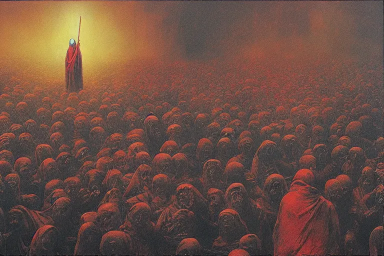 Prompt: parade of priest holding red glowing banners as protection from zombies infestation, gloomy, epic, digitally painted by beksinski, centered, golden ratio