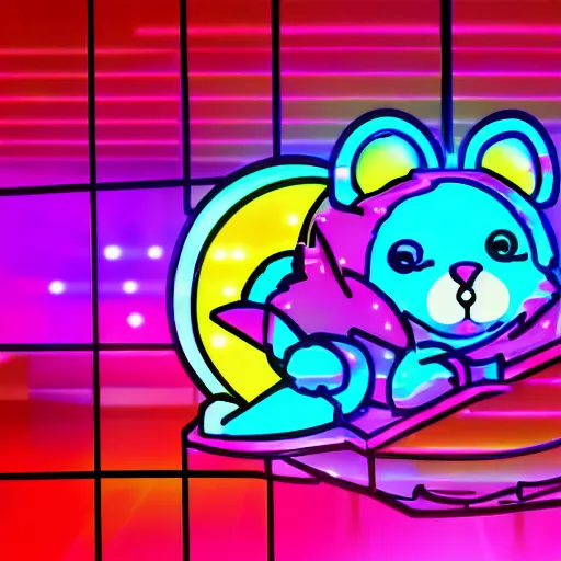 Image similar to rainbow hamster!! in a cyberpunk! city, neon lights, light reflection, logo, 8 k, hd