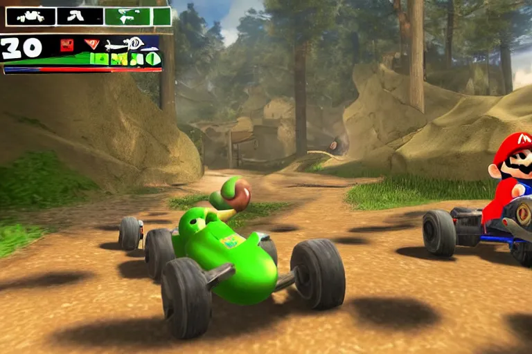 Prompt: mario kart in ww 2 trenches, ingame screenshot, highly detailed