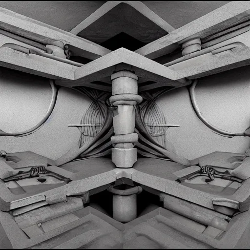 Prompt: Escher impossible art made with smooth pipes and soft flesh, merged machima, soft lighting, crepuscular rays, realistic octane render, 8k, ultra detailed, concept art, art GIGER, style by H. R. GIGER and M. C. Escher