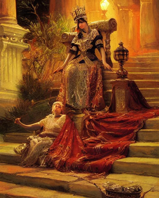 Image similar to an illustration of a queen on a throne at night by frederick arthur bridgman, realistic, detailed, oil painting, 1 9 th