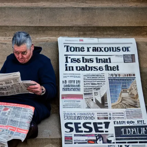 Prompt: a man is reading the largest newspaper in the world