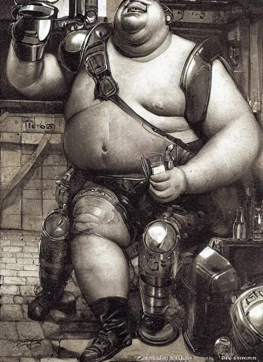 Image similar to head and shoulders portrait of a fat armoured cyborg enjoying himself in a pub, by normal rockwell and greg staples and john singer sargent