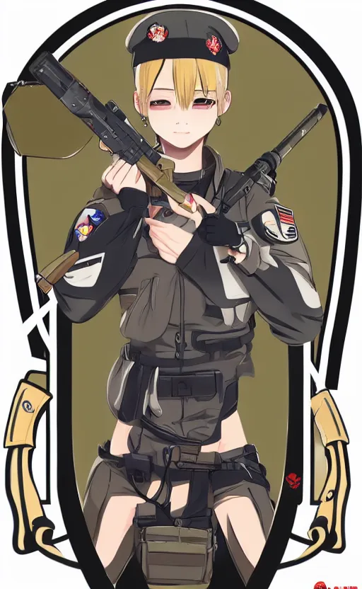 Prompt: shoulder patch design, soldier girl, anime style, clean logo, military flight squadron insignia, no text, soldier clothing, realistic military gear, 70mm, inspired by famous brands, made in photoshop, no background, vector line art, by ilya kuvshinov, trending on artstation, symbology, realistic human anatomy, meme culture, highly detailed, high resolution, for printingprinting on cloths, matte, realistic weapon, realistic military carrier