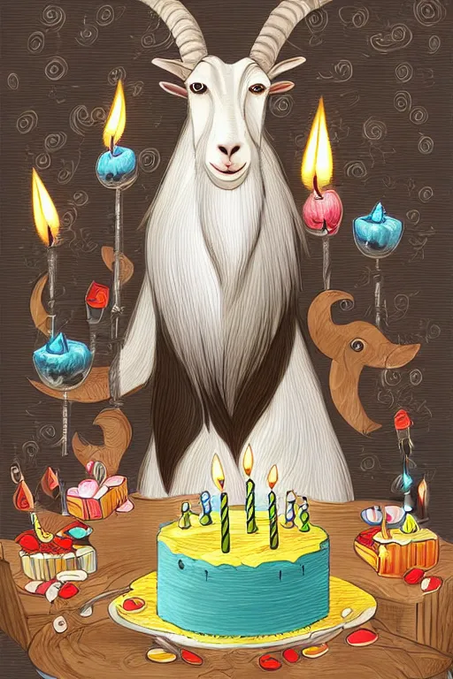 Prompt: a goat with a long white beard, sitting in front of a birthday cake with many lit candles, in the style of a children's book illustration, cute, highly detailed digital art