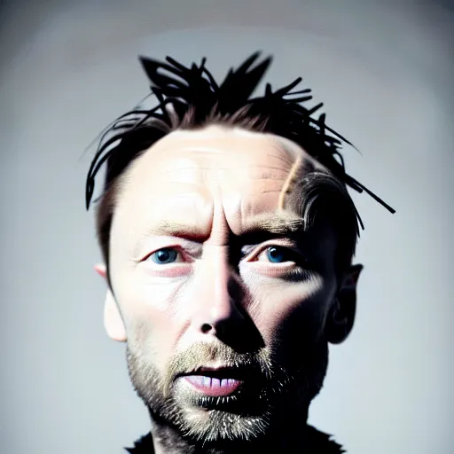 Image similar to Thom Yorke, a man with a beard and a black jacket, a portrait by John E. Berninger, dribble, neo-expressionism, uhd image, studio portrait, 1990s