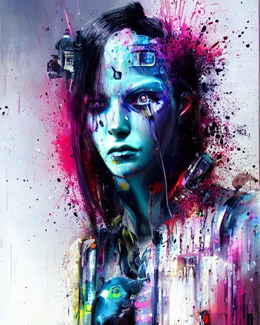 Prompt: a cyberpunk with beautiful eyes wearing futuristic clothing, passionate, spotlight, paint drips, paint splatter, vibrant colors, dramatic, canvas texture, futuristic clothing, by marco paludet, by jeremy mann
