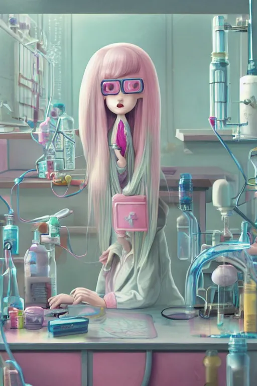 Image similar to highly detailed, cinematic still frame of adult princess bubblegum from adventure time, working in her science lab, wearing lab coat & saftey goggles, long bubblegum hair with long straight bangs, beautiful, attractive, extremely cute, illustration concept art by nicoletta ceccoli, mark ryden, lostfish, detailed and intricate environment, 8 k resolution, hyperrealistic, octane render