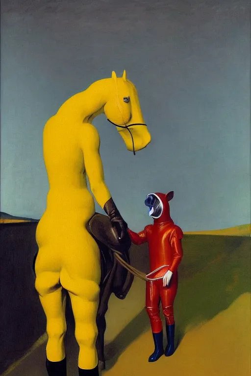 Image similar to man in horse costume, horse in costume astronaut, hauntingly surreal, highly detailed painting by francis bacon, edward hopper, adrian ghenie, gerhard richter, and james jean soft light 4 k,