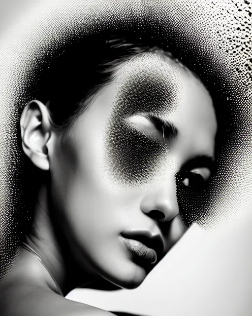 Image similar to black and white dreamy spiritual female water - cyborg high quality portrait photo, microchip leaves, artificial intelligence, cinematic, rim light, photo - realistic, elegant, high detail, 8 k, masterpiece, high fashion, in the style of man ray