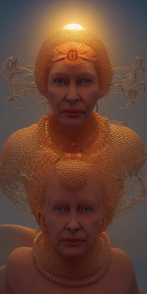 Image similar to CGI, HYPER REALISTIC VFX SIMULATION of THE QUEEN OF THE SUN BY ZDZISŁAW BEKSIŃSKI, HIGHLY INTRICATELY DETAILED 3D OCTANE RENDER