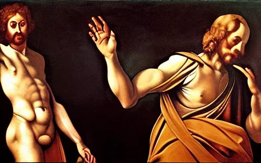 Prompt: the creation of Adam, the first android human, very beautiful religious painting in the style of Caravaggio