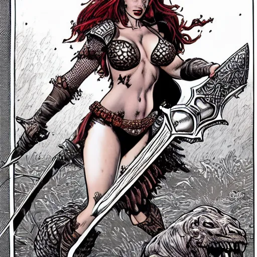 Image similar to Red Sonja wielding a huge sword, with a dead monster at her feet. J. Scott Campbell