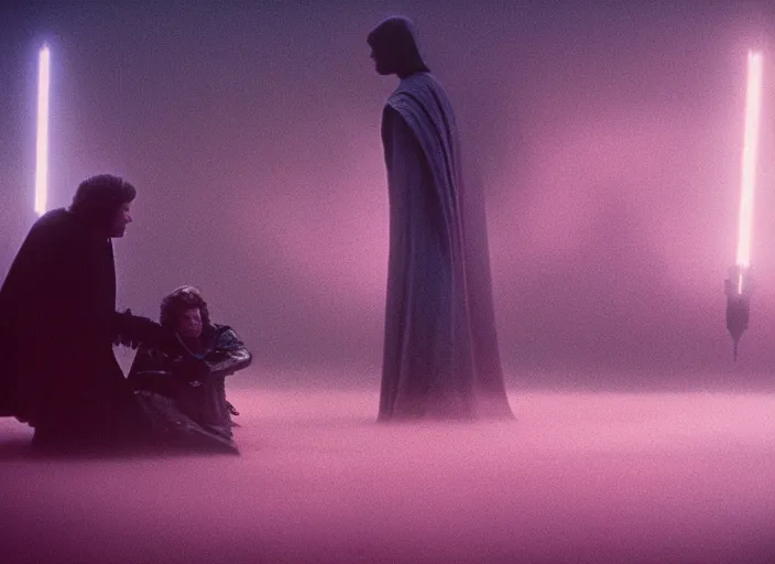 Image similar to Luke skywalker kneels before a star wars alien creature, the oracle, mystic. in a foggy pink land. 1983 Photographed with Leica Summilux-M 24 mm lens, ISO 100, f/8, Portra 400