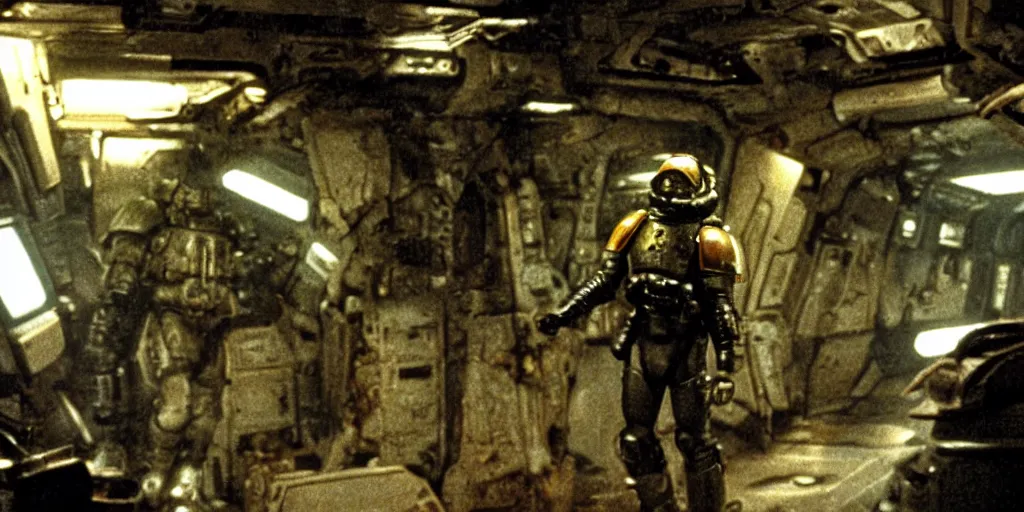 Image similar to color film still, a space marine exploring the interior of a dark, badly cluttered settlement ; alien 2 ( 1 9 8 6 )