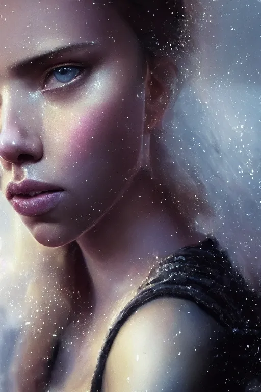 Image similar to a portrait of a crystalized Scarlett Johansson by Greg Rutkowski, Sung Choi, Mitchell Mohrhauser, Maciej Kuciara, Johnson Ting, Maxim Verehin, Peter Konig, final fantasy , mythical, 8k photorealistic, cinematic lighting, HD, high details, atmospheric,