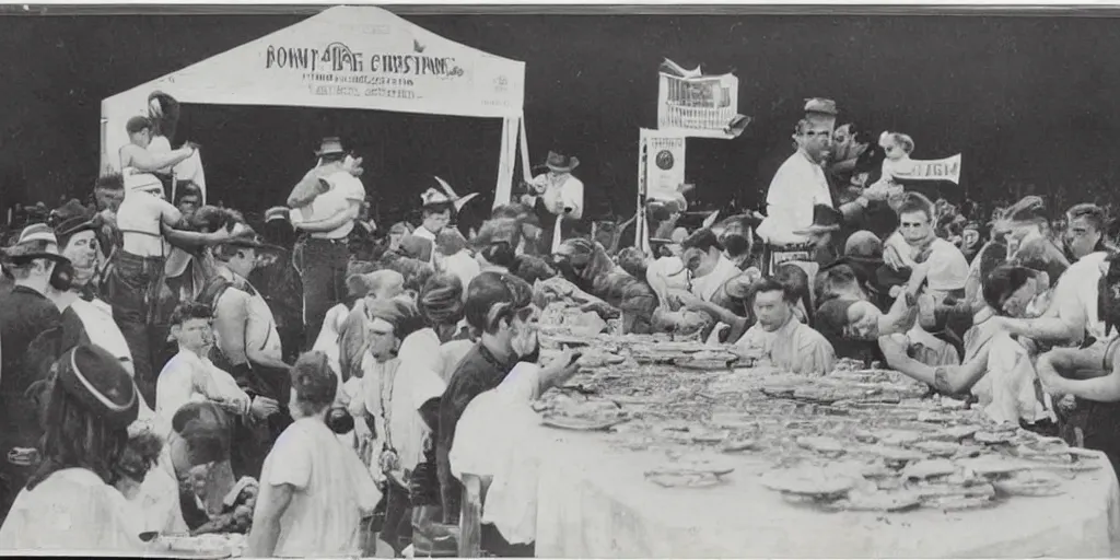 Image similar to black and white photo from the 1 9 2 0's of a pie eating contest with monster contestents making a horrible mess at the county fair