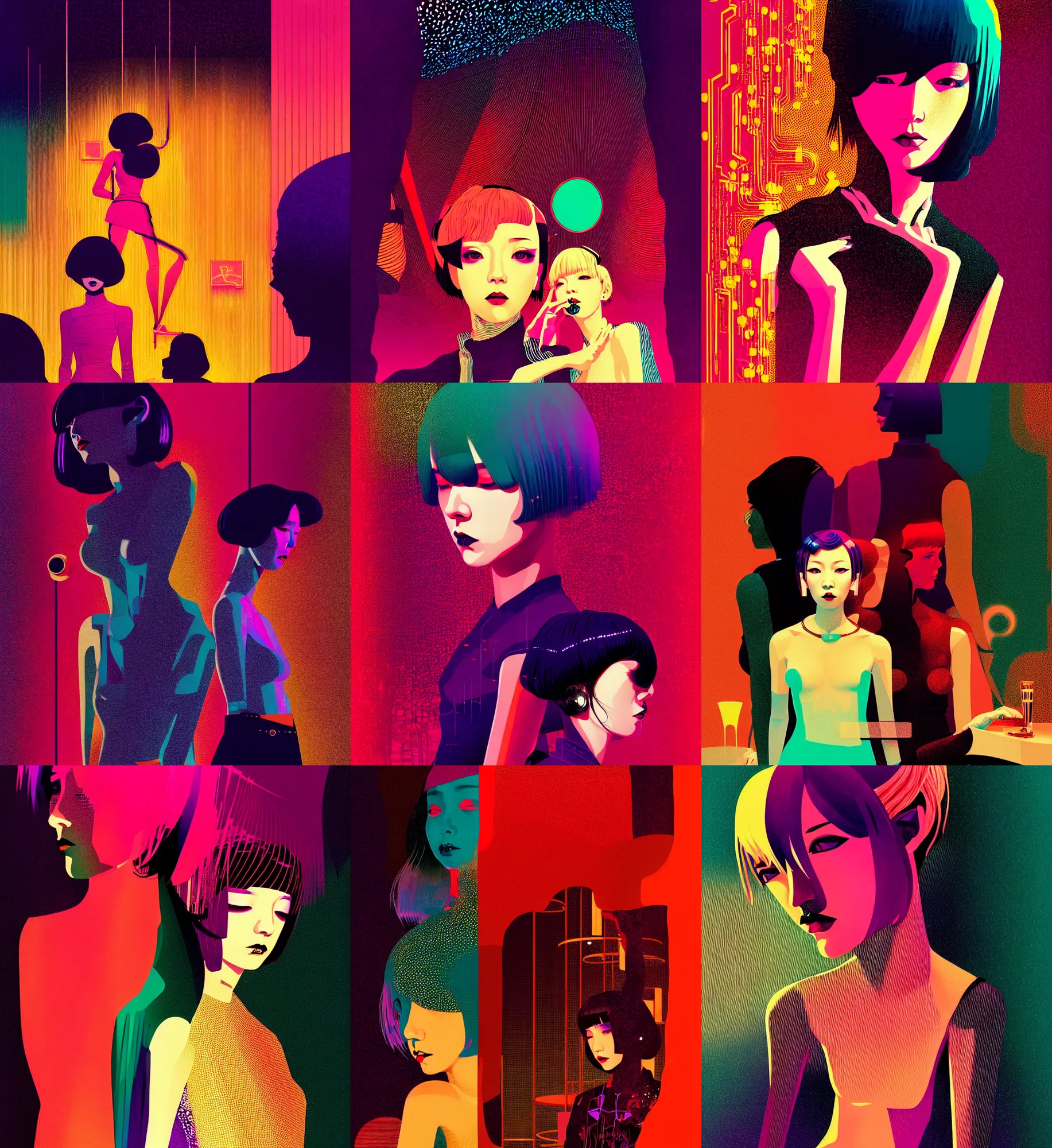 Prompt: ( ( dither ) ), editorial illustration portrait of girls like reol in a bar interior, dynamic pose, modern art deco, colorful, ( ( mads berg ) ), christopher balaskas, victo ngai, rich grainy texture, detailed, dynamic composition, wide angle, moebius, gustav klimt, ( ( glitch art ) )