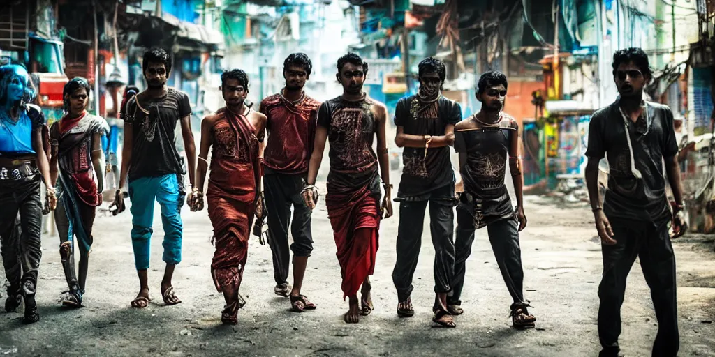 Image similar to sri lankan cyberpunk gang, film still, epic shot cinematography, rule of thirds, colorful, sci - fi tech style