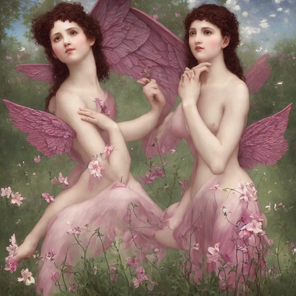 Image similar to one pink fairy with large beautiful wings exploring her lonely flower garden by herself in the style of tom bagshaw, william bouguereau, michelangelo, extremely detailed, muted colors, symmetrical face, large eyes, beautiful face