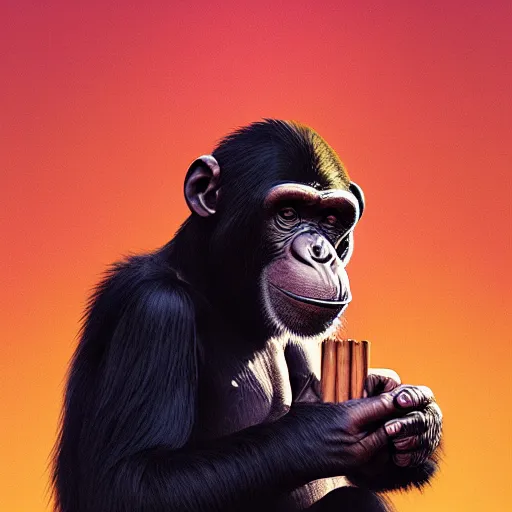 Image similar to a chimp wearing a suit smoking a cigar, dramatic lighting, cinematic, establishing shot, extremly high detail, photorealistic, cinematic lighting, artstation, style by James Gurney