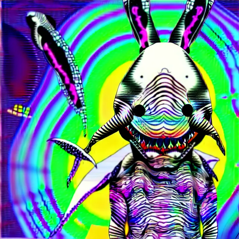 Image similar to a detailed digital art of a bunny disguised as a shark in the style of junji ito and moebius and giger, rainbow color scheme, ornate, photosynthetic,8k,award winning art,