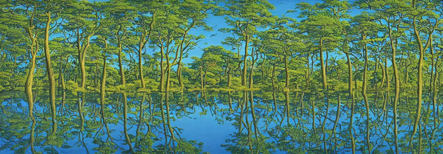 Image similar to escher painting of a lake, big trees reflecting on lake surface, ultra sharp, ultra detailed, colorized by salvador