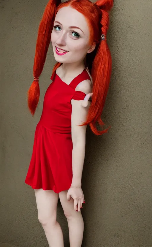 Image similar to photo portrait Red-haired 20-years old girl in a red dress, With two pigtails, green eyes and sliding face plates, standing on the dimly lit stage, realistic, photo, photorealistic, detailed, high quality, 8k, realism