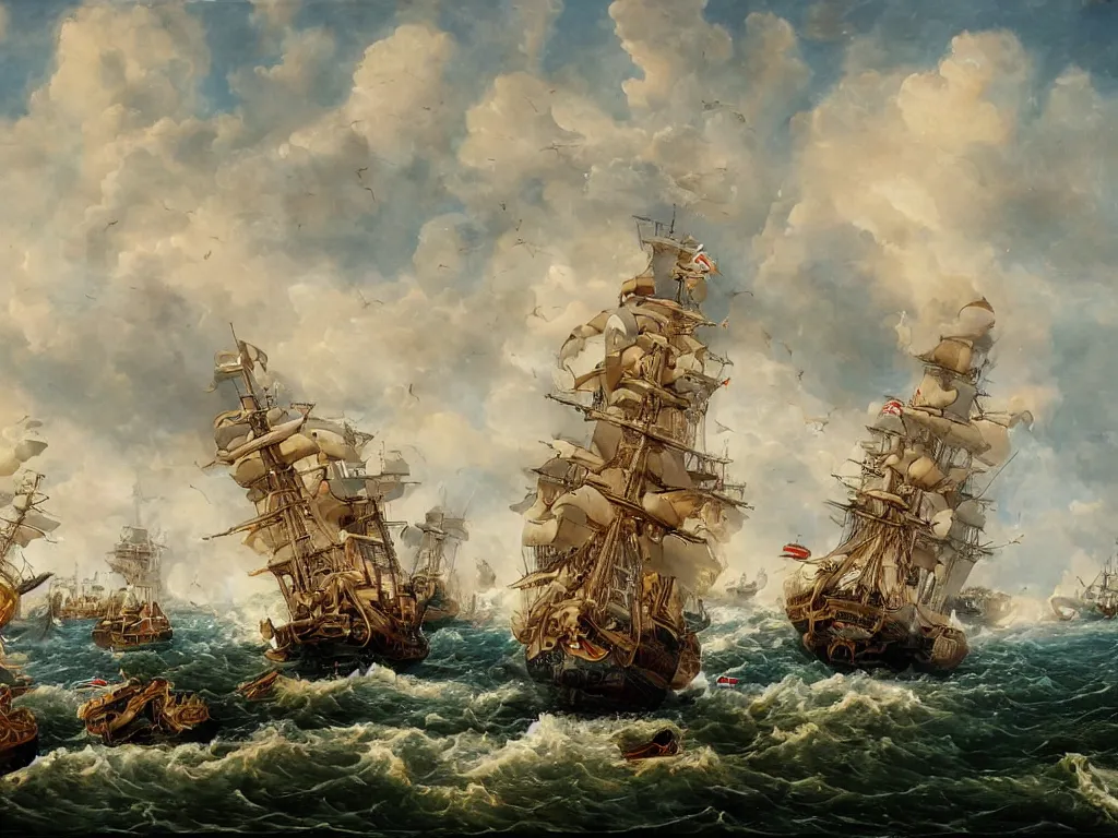 Image similar to An oil painting of a naval battle with cannons, highly detailed, intricate, 4k, masterpiece