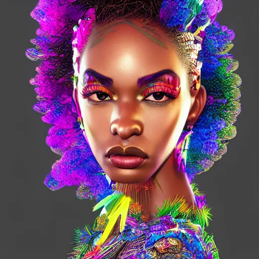 Prompt: the portrait of the absurdly beautiful, graceful, elegant, gorgeous, fashionable black european glamour model made with rainbow jewelry, an ultrafine hyperdetailed photograph by kim jung gi, irakli nadar, intricate linework, bright colors, octopath traveler, final fantasy, unreal engine 5 highly rendered, global illumination, radiant light, intricate environment