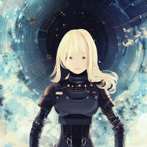 Prompt: highly detailed portrait of a young astronaut lady with a wavy blonde hair, by Dustin Nguyen, Akihiko Yoshida, Greg Tocchini, Greg Rutkowski, Cliff Chiang, 4k resolution, nier:automata inspired, bravely default inspired, vibrant but dreary gold, silver, opal, black and white color scheme!!! ((Space nebula graffiti background))