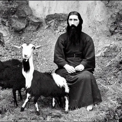 Prompt: photo of breton monks looking like rasputin, with a goat