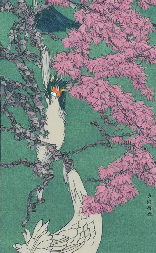 Prompt: by akio watanabe, manga art, portrait of majestic phoenix, paulownia tree, japanese summer festival, trading card front