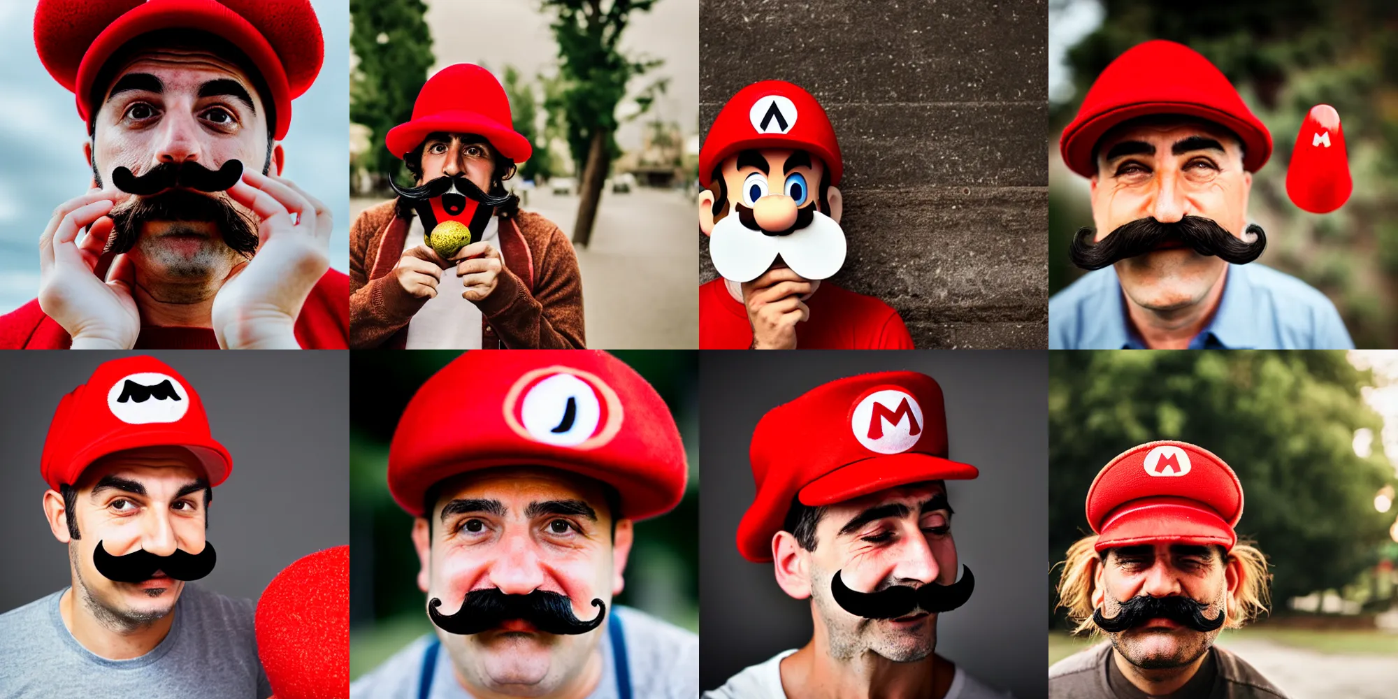 Prompt: italian man with a mustache dressed as mario wearing a solid red mario hat, 85mm lens, f1.8, crying tears of joy hugging a red mushroom with white spots