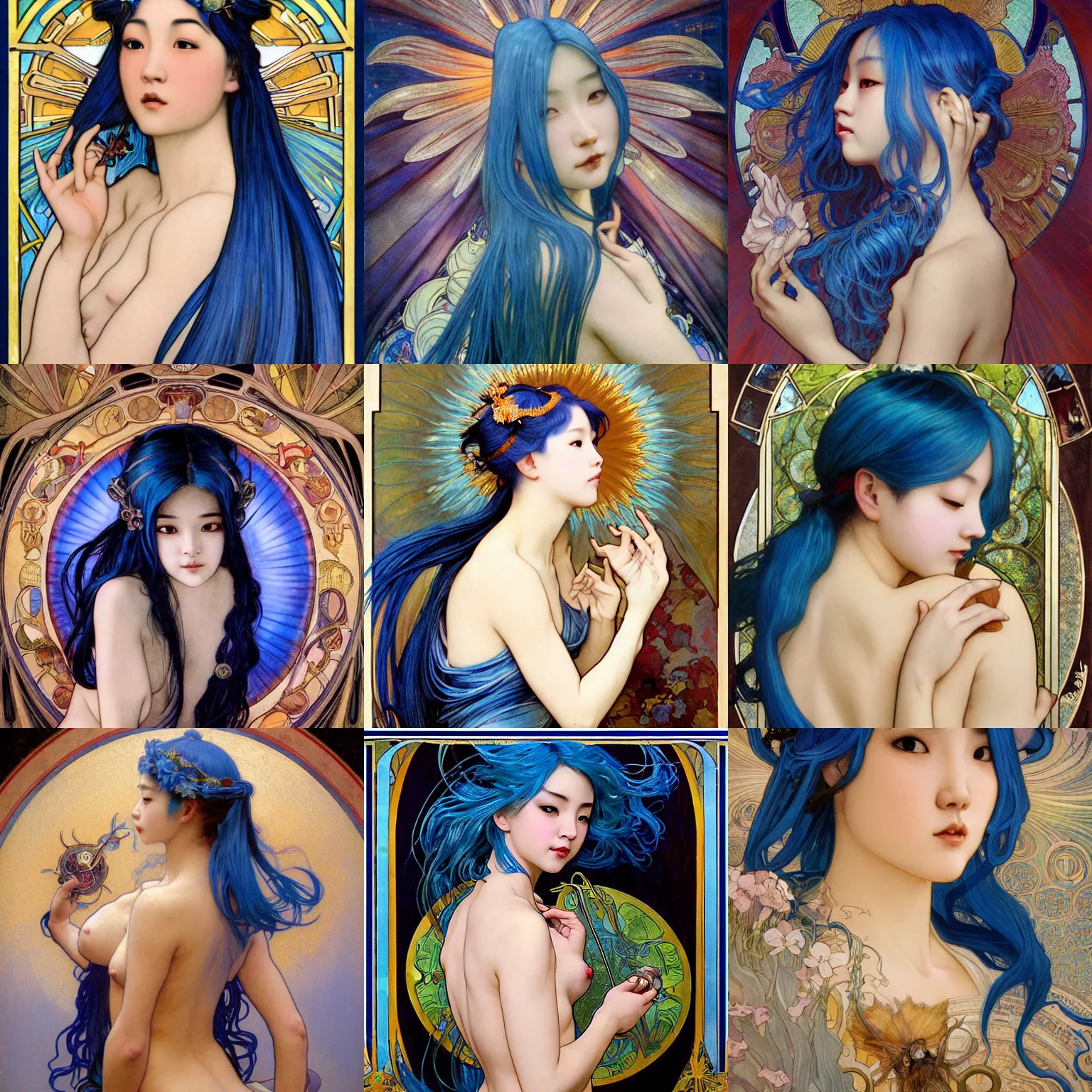 Prompt: stunning, breathtaking, awe-inspiring award-winning concept art nouveau painting of attractive Ashley Liao nymph with blue hair, as the goddess of the sun, with anxious, piercing eyes, by Alphonse Mucha, Michael Whelan, William Adolphe Bouguereau, John Williams Waterhouse, and Donato Giancola, cyberpunk, extremely moody lighting, glowing light and shadow, atmospheric, cinematic, 8K