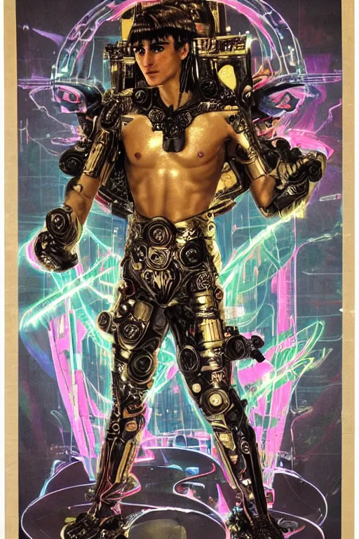 Image similar to full-body bladerunner style sculpture of a young handsome Portuguese prince as a half cibernetic android with a chest opening exposing circuitry and electric sparks, glowing laser beam eyes, crown of giant diamonds, flowing neon-colored silk, fabric, raptors. baroque elements. full-length view. baroque element. intricate artwork by caravaggio. many many birds birds on background. Trending on artstation, octane render, cinematic lighting from the right, hyper realism, octane render, 8k, depth of field, 3D