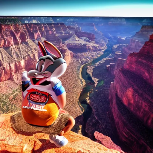 Image similar to Looney Toon\'s Bugs Bunny in front of the Grand Canyon, sweating profusely, photography, HDR, 4k, 8k