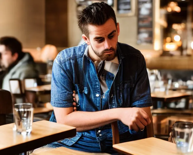 Image similar to 8 5 mm photography of a depressed guy at a restaurant. highly detailed 8 k. intricate. lifelike. soft diffused light. nikon d 8 5 0.