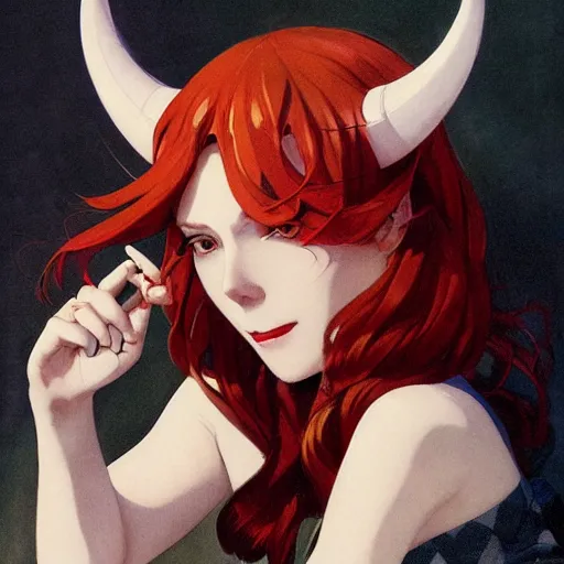 Prompt: a girl with red hair, white eyes, and demon horns with a devious grin. By JC Leyendecker Phuoc Quan. Makoto shinkai