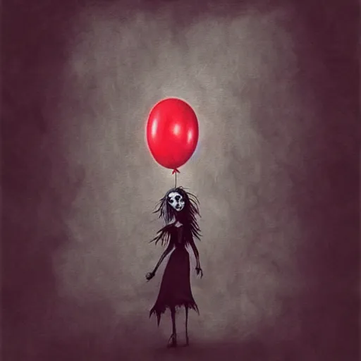 Prompt: grunge painting of a raven with a wide smile and a red balloon by tim burton, loony toons style, pennywise style, corpse bride style, rick and morty style, creepy lighting, horror theme, detailed, elegant, intricate, conceptual, volumetric light