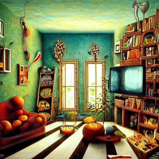 Prompt: a painting of a living room, a surrealist painting by jacek yerka, cgsociety, fantastic realism, surrealist, detailed painting