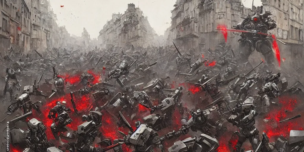 Image similar to demonic samurai robot slaughtering french soldiers and civilians in the interbellum paris, very detailed painting, concept art, intense heavy street battle, pile of bodies, a lot of blood on the streets, art by jakub rozalski