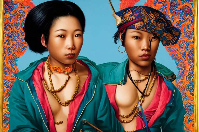 Image similar to am asian girl pirate with iridescent skin by kehinde wiley