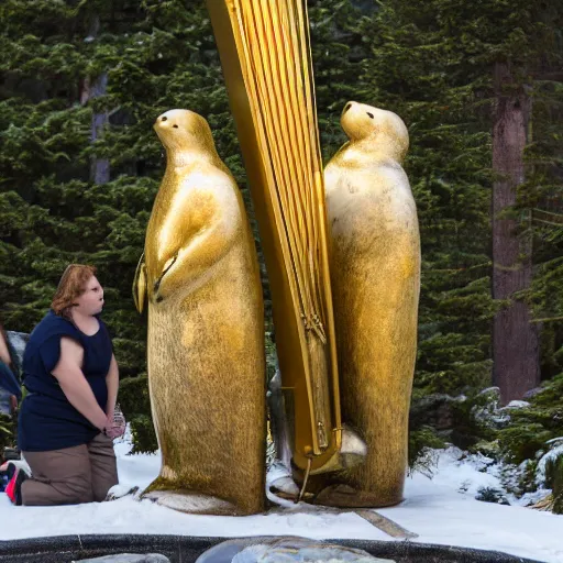 Prompt: humans praying to a statue of a giant golden baby harp seal, Leica, 4k photo