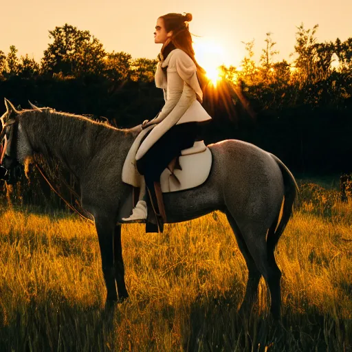 Image similar to Emma Watson riding into the sunset, golden hour, heavenly lighting, XF IQ4, f/1.4, ISO 200, 1/160s, 4K, RAW, unedited, symmetrical balance, in-frame