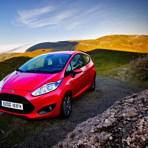 Image similar to red ford fiesta mk 6 zetec on a mountain road, spain, award winning photograph, golden hour